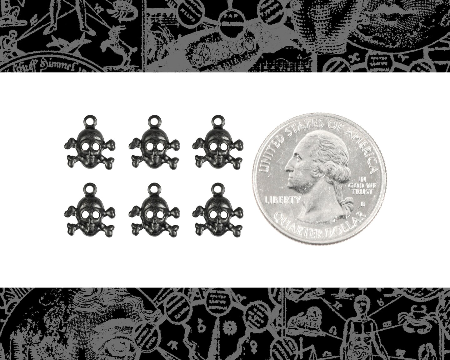 Black Plated Brass Mini Skull and Crossbones Charms - Set of Six - BB-C178