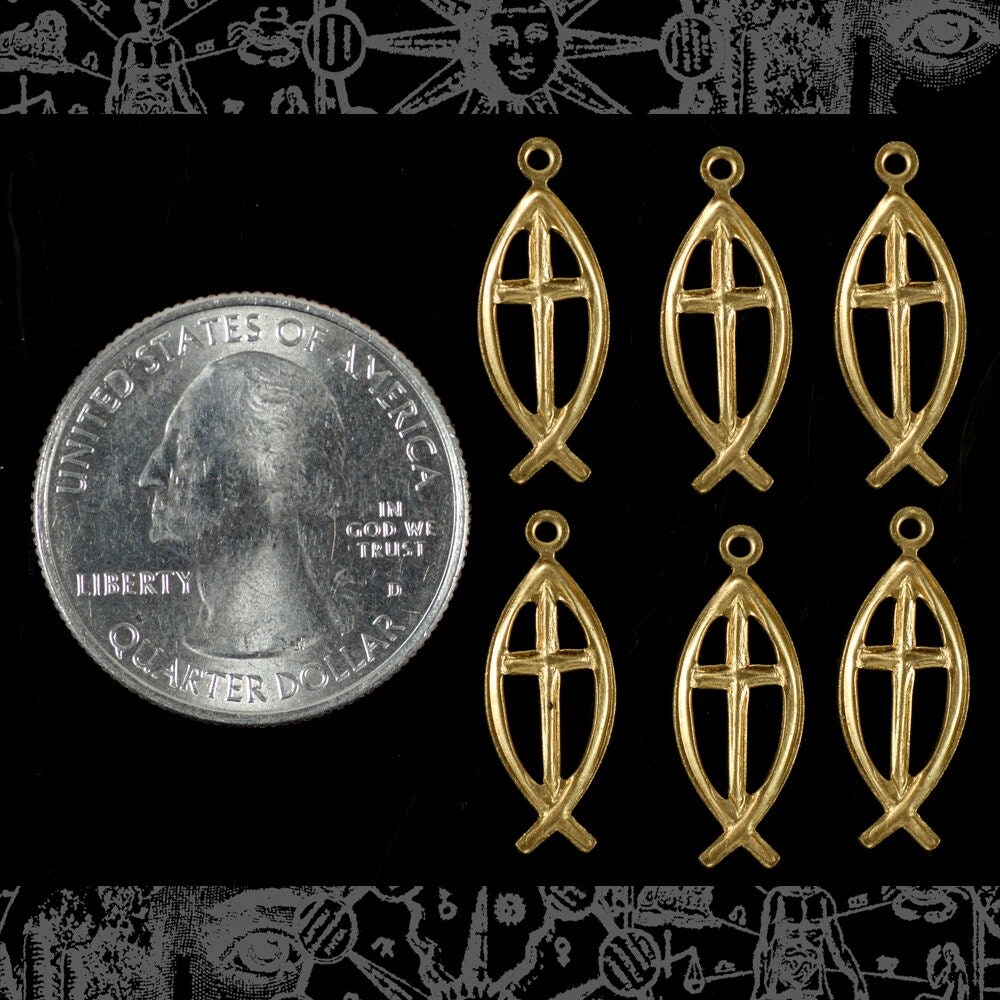 Raw Brass Fisherman&#x27;s Christian Cross Charms - Set of Six - B-C140