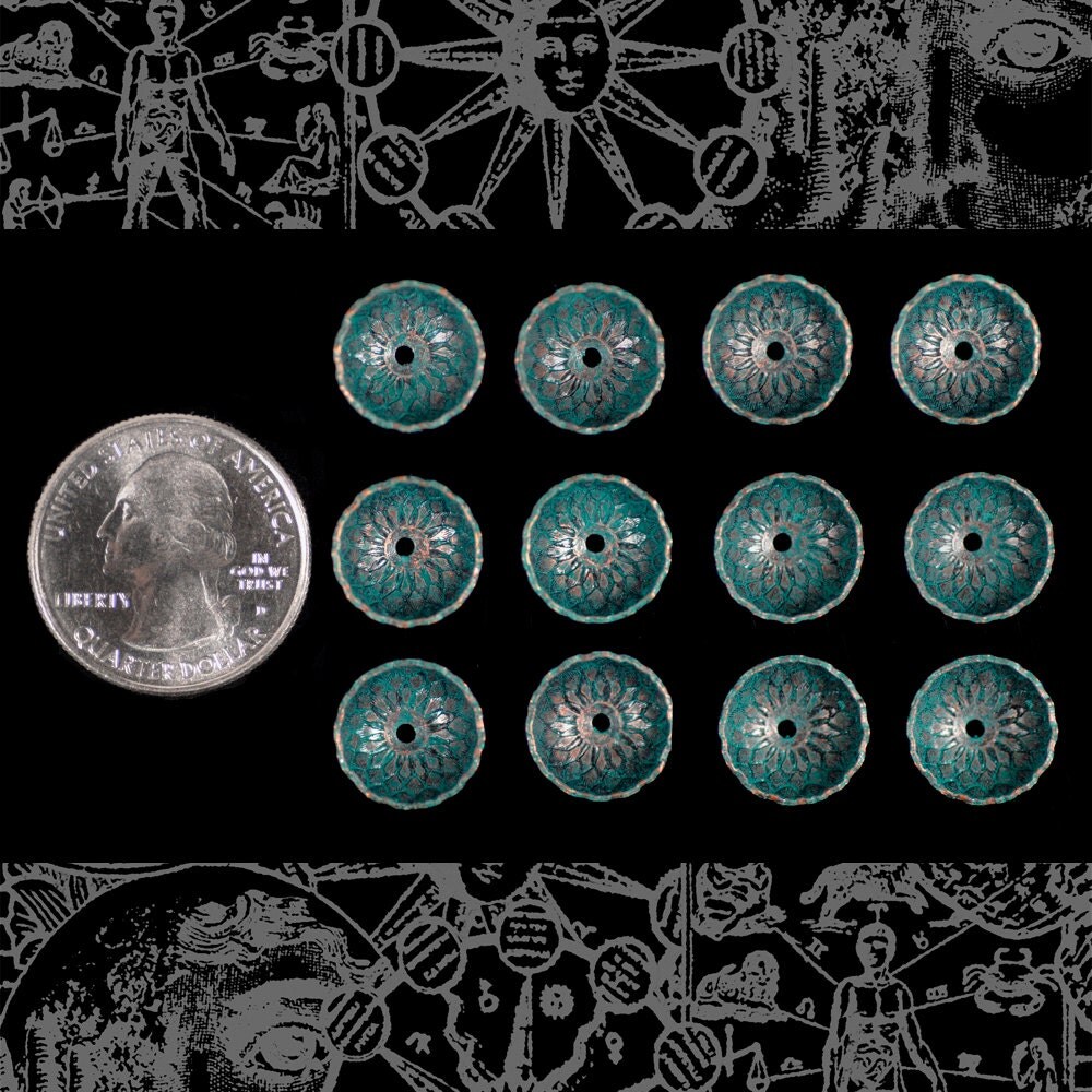 Verdigris Finished Brass Acorn Bead Caps - Set of Twelve - V-BC01