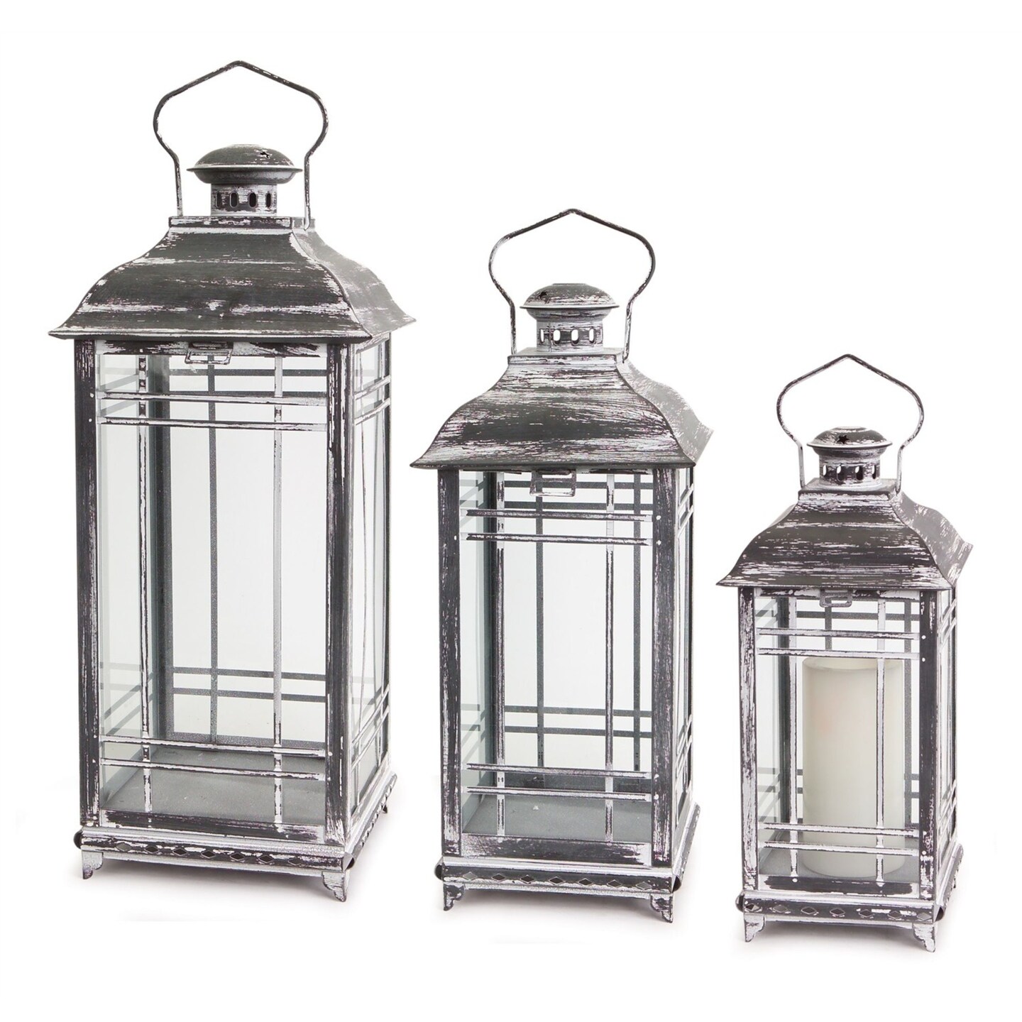 Melrose Distressed Style Pillar Candle Lanterns - 20" - Gray and White - Set of 3