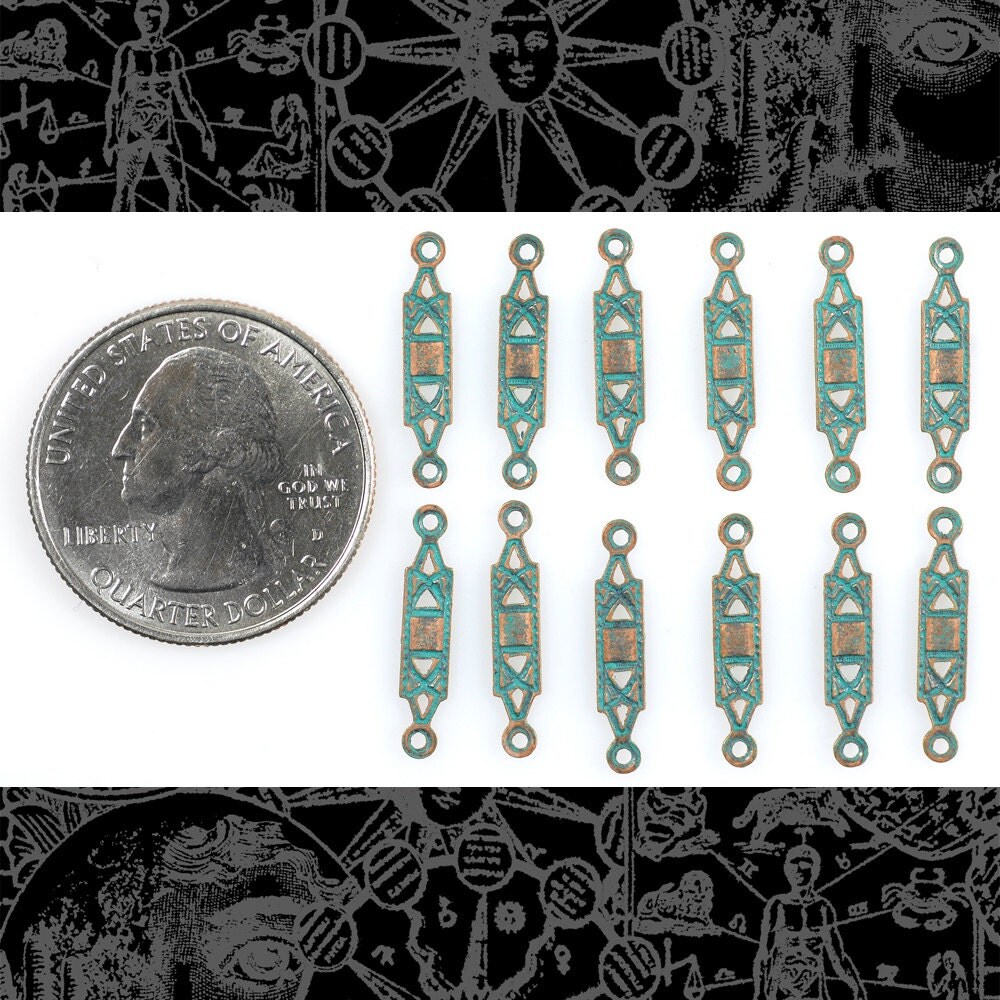Verdigris Finished Brass Small Bar Two Ring Connectors - Set of Twelve - V-2C57
