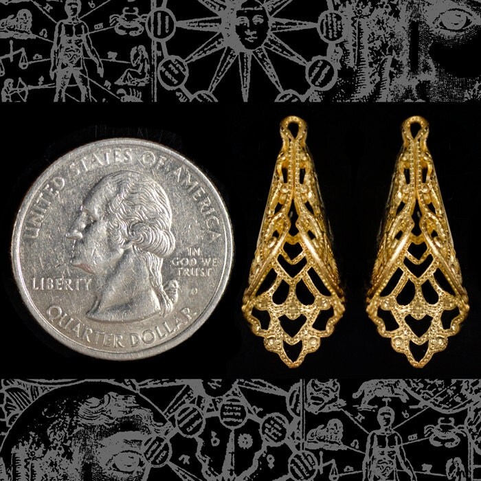 Raw Brass Lily Filigree Wrap or Bead Caps - Set of Two - B-BC05