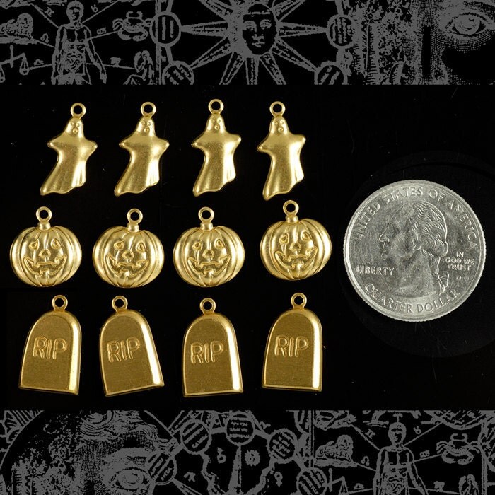 Set of Twelve Raw Brass Halloween Charms Four Ghost Four Pumpkin and Four Gravestone Charms - B-CSet02