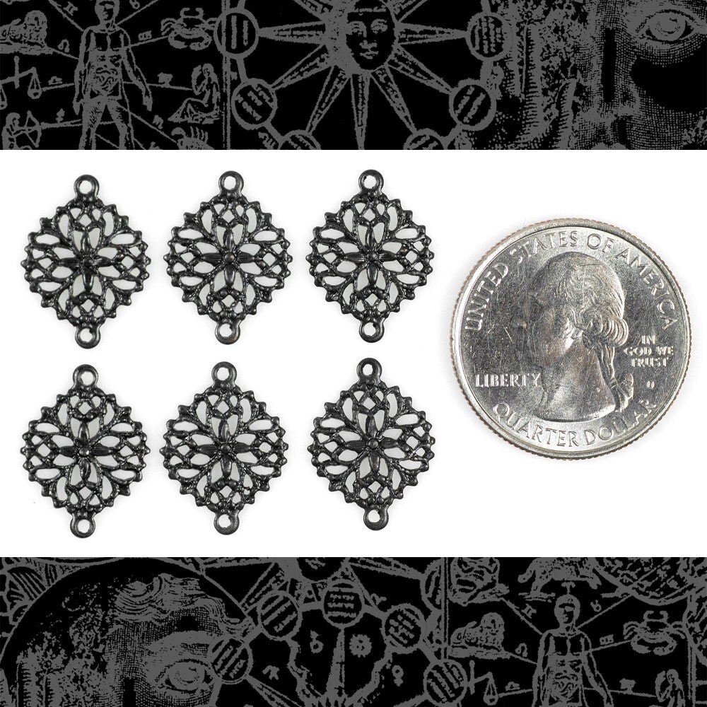 Black Plated Brass Round Filigree Two Ring Connectors - Set of Six - BB-2C25