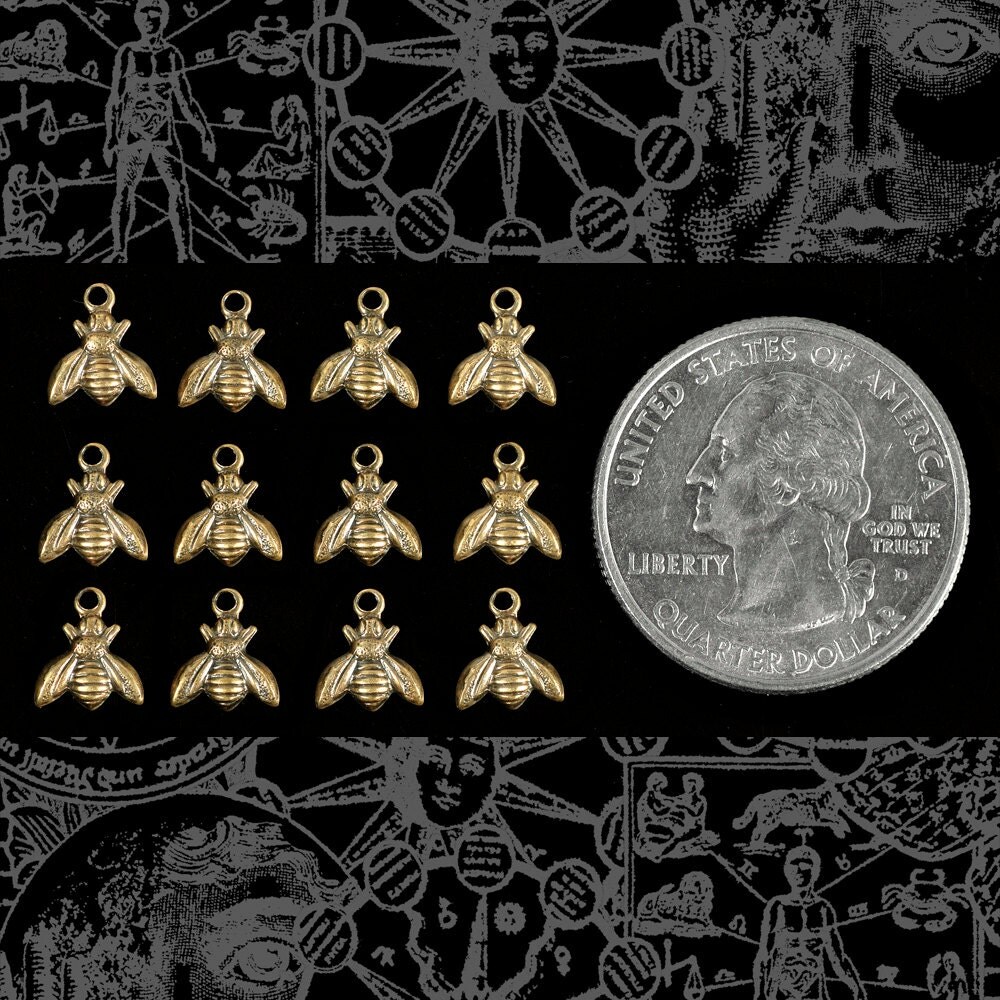 Antiqued Brass Itty Bitty Bee Charms with Ring - Set of Twelve - AB-C101