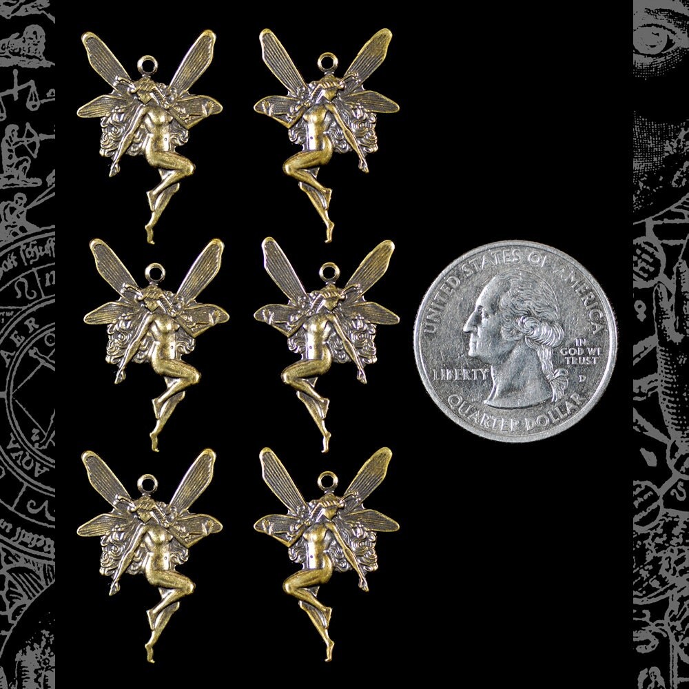 Antiqued Brass Fairy Charms Mirror Image - Three Sets of Two - AB-C34