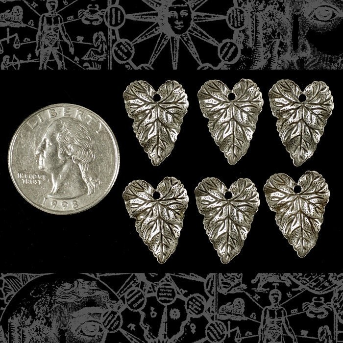 Antiqued Silver Plated Brass Heart Shaped Leaf Charms - Set of Six - S-C49