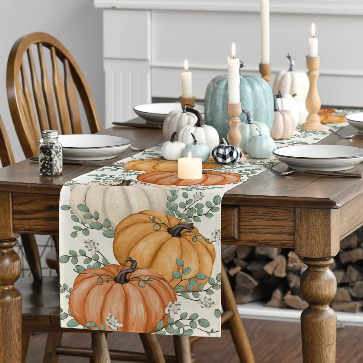 Orange Pumpkins Eucalyptus Leaves Fall Table Runner, Autumn Thanksgiving Kitchen Dining Table Decoration for Home Party Decor 13x72 Inch