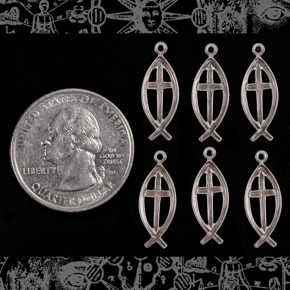 Antiqued Silver Plated Brass Fisherman&#x27;s Christian Cross Charms - Set of Six - S-C140