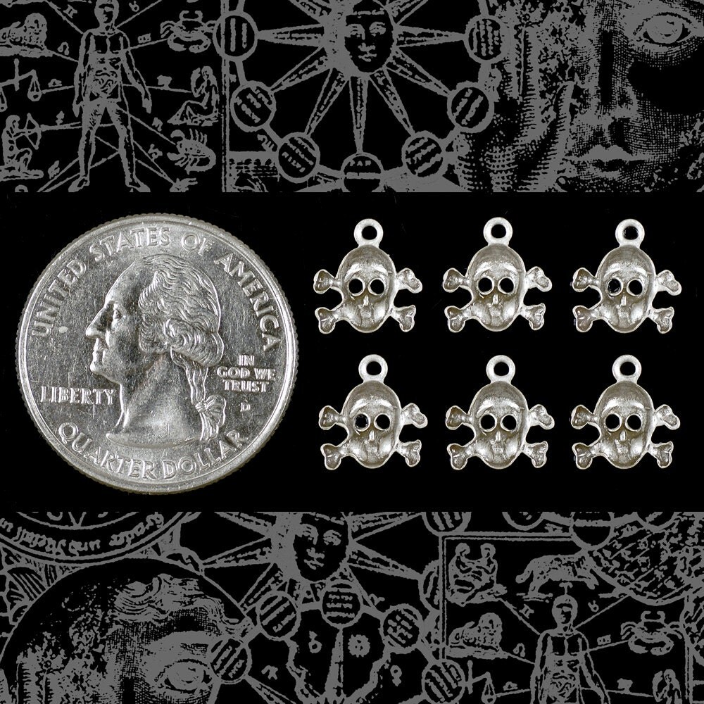 Antiqued Silver Plated Brass Mini Skull and Crossbones Charms - Set of Six - S-C178