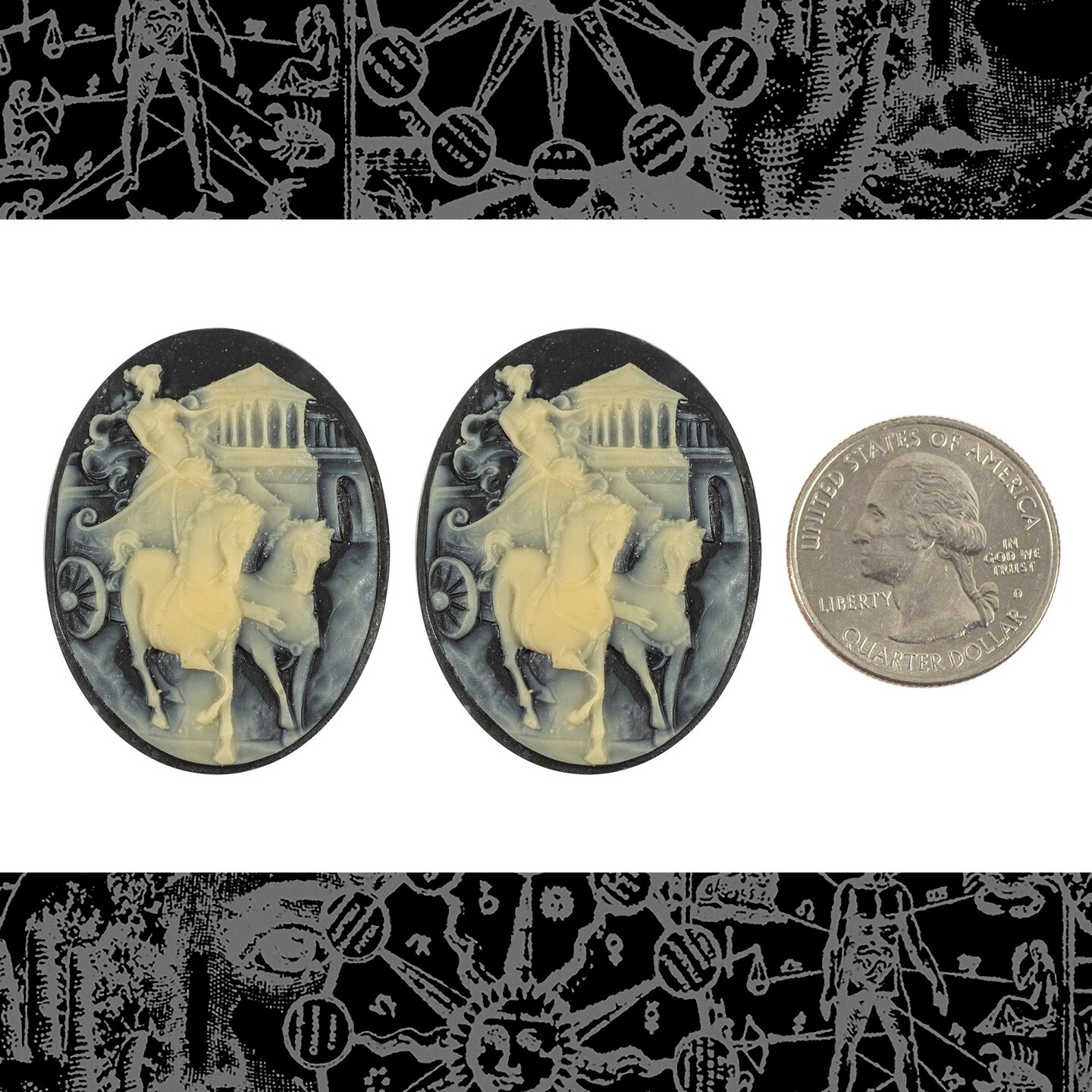 Black and Ivory Athena in Chariot Cameos 30mm x 40mm Cameos -Set of Two - CAM220