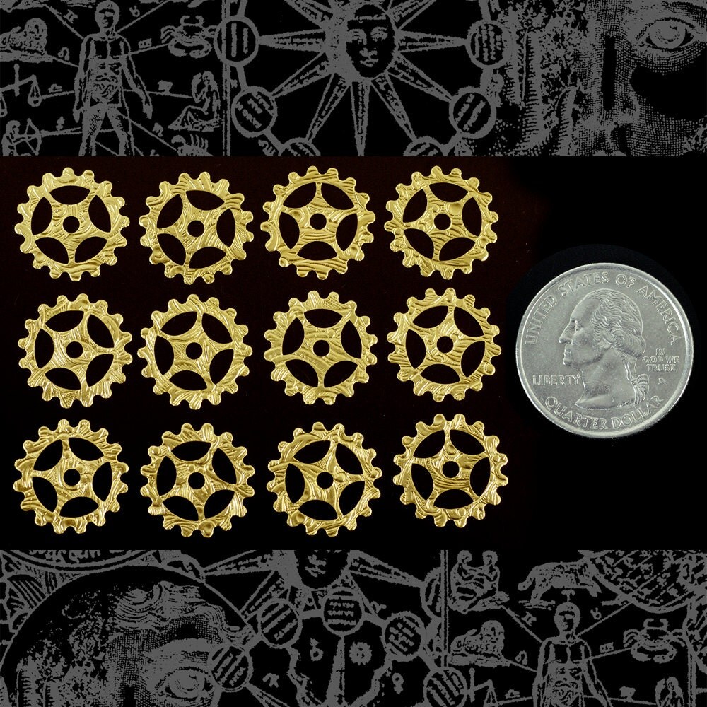 Raw Brass  16mm Floral Patterned Etched Steampunk Spoked Wheels Gears Charms - Set of Twelve - B-PG07
