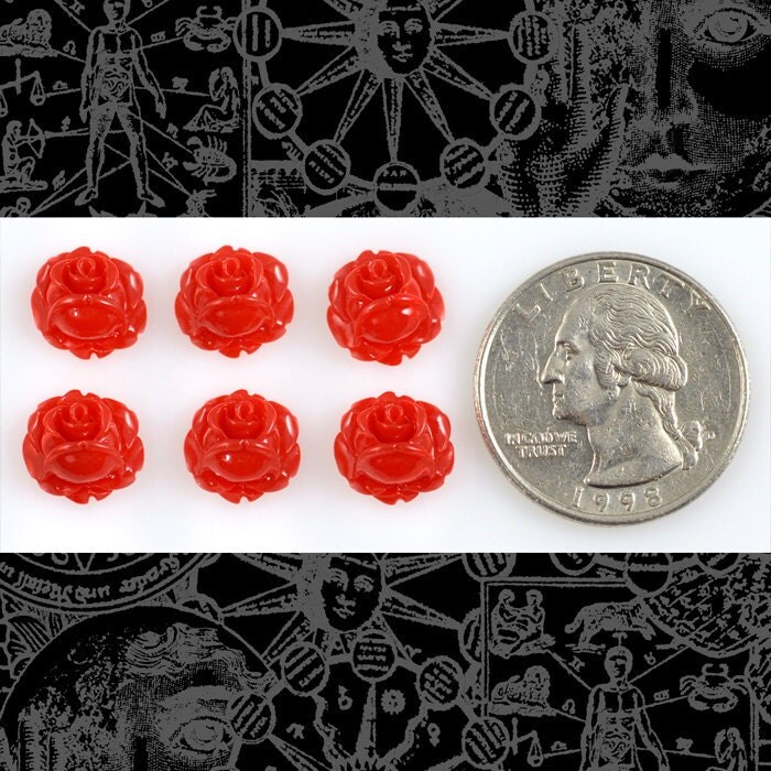 Red Mini Rose Cameo Cabochons 10mm - Set of Six - Flwr73