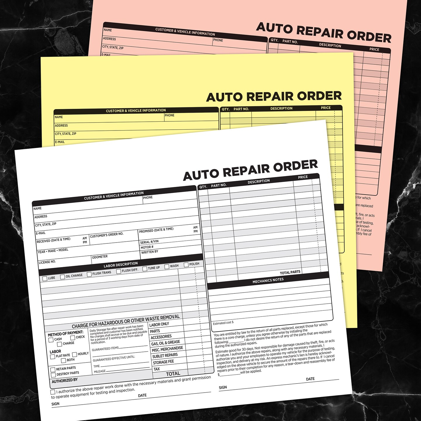 COSCO Auto Repair Order Forms, 3-Part, Carbonless, 50-Pack, White and Canary