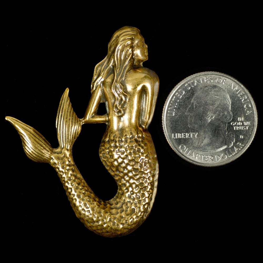 Antiqued Brass Extra Large Shy Mermaid Pendant - One - AB-P79