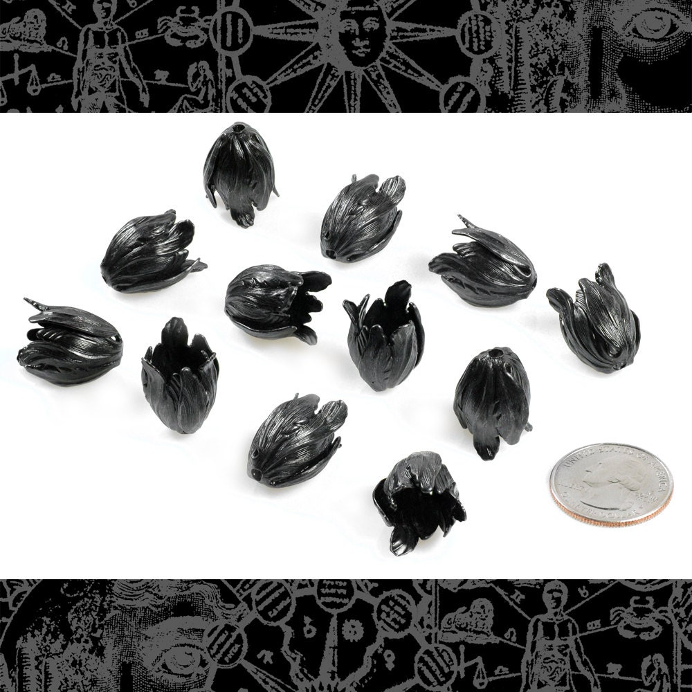 Black Plated Brass Tulip Beads Charms Pendants Plated Brass - Set of Twelve - BB-BC04