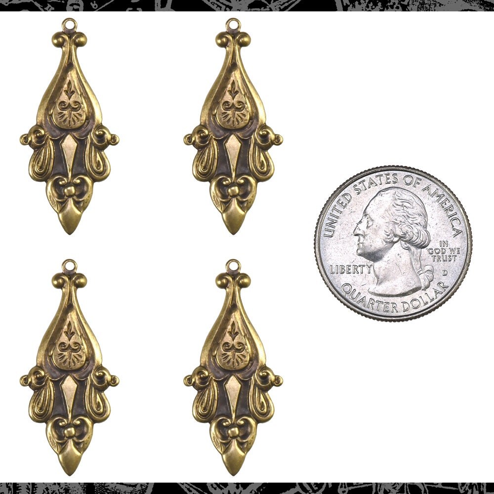 Antiqued Brass Long Decorative Art Deco Charms - Set of Four - AB-C211
