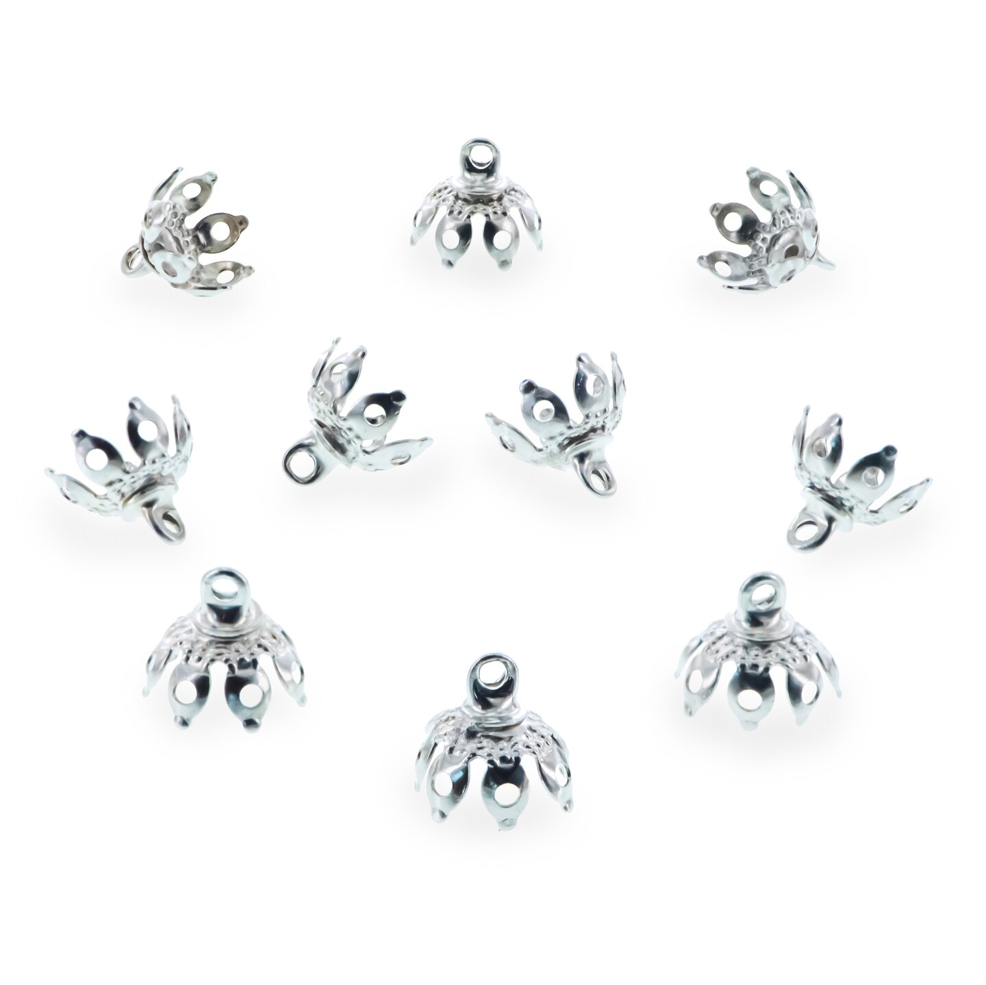 10 Lotus Petal Filigree Silver Brass Metal Ornament Caps - Ball or Egg Top Findings, End Caps 0.35 Inches (9 mm)