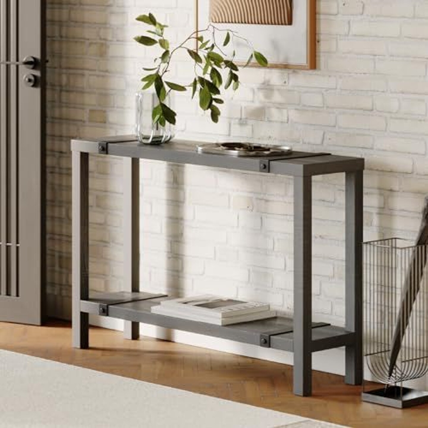Modern Farmhouse Entryway Table - Skinny Console Table with Storage & Metal Details - Behind Couch Sofa Table - Small Hallway Table - Wood Entry Table - Industrial Farmhouse (Weathered Grey Finish)