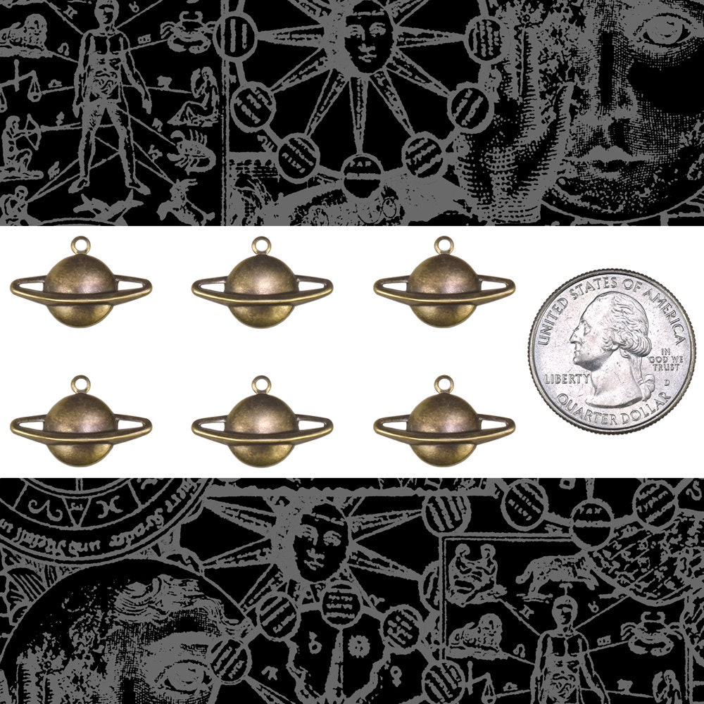 Antiqued Brass Saturn Planet with Ring Charms - Set of Six - AB-C195