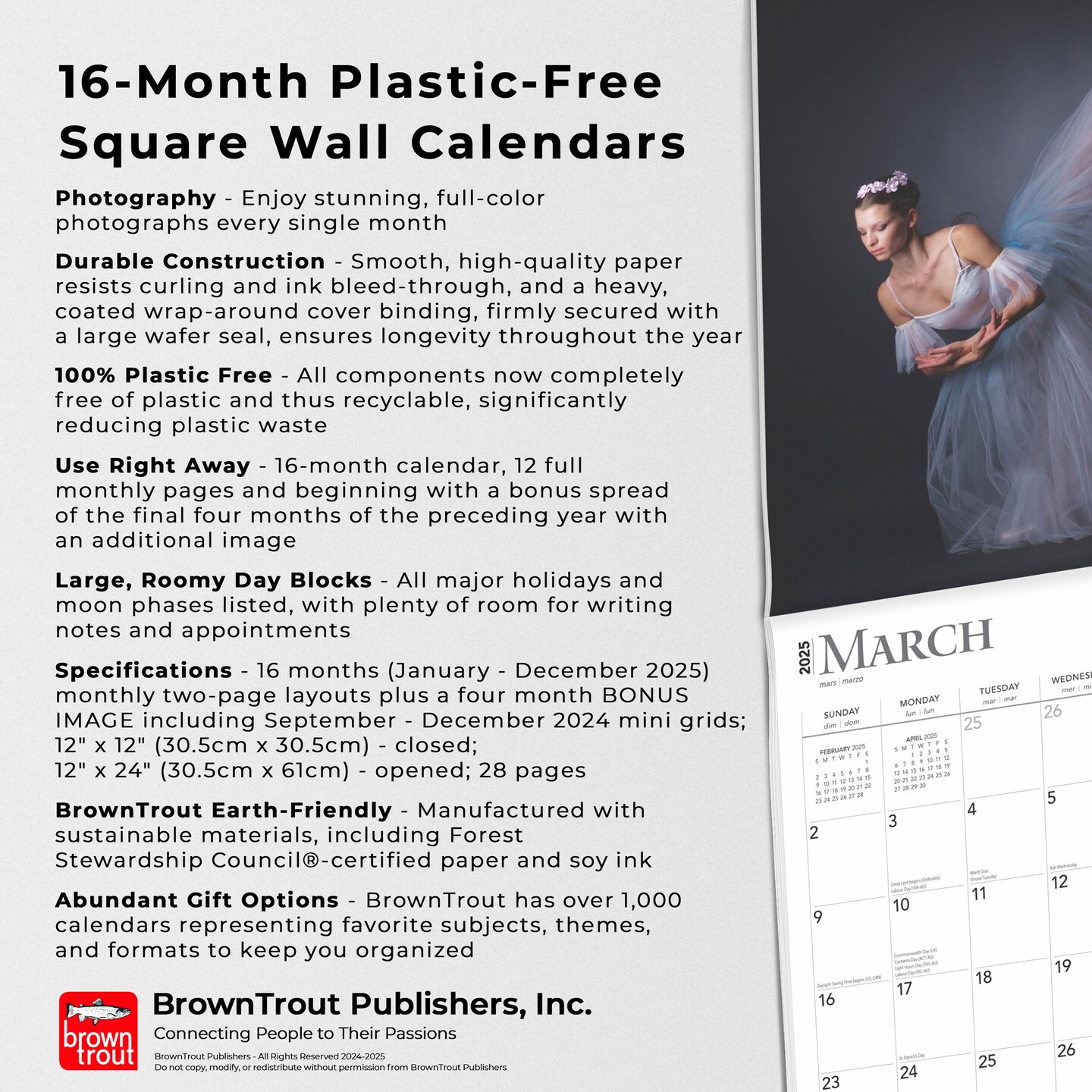 Ballet | 2025 12 x 24 Inch Monthly Square Wall Calendar | Foil Stamped Cover | Plastic-Free | BrownTrout | Performance Dance