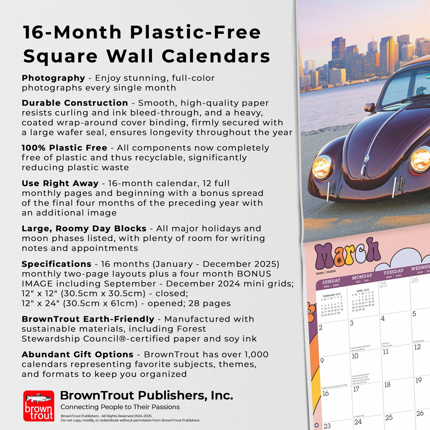 Love Bug | 2025 12 x 24 Inch Monthly Square Wall Calendar | Plastic-Free | Motor Club | German Motor Car Beetle
