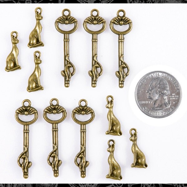 Bronze Finish Cat Key Pendant and Charm Set - Six Keys and Six Charms - ZB-SP12Set