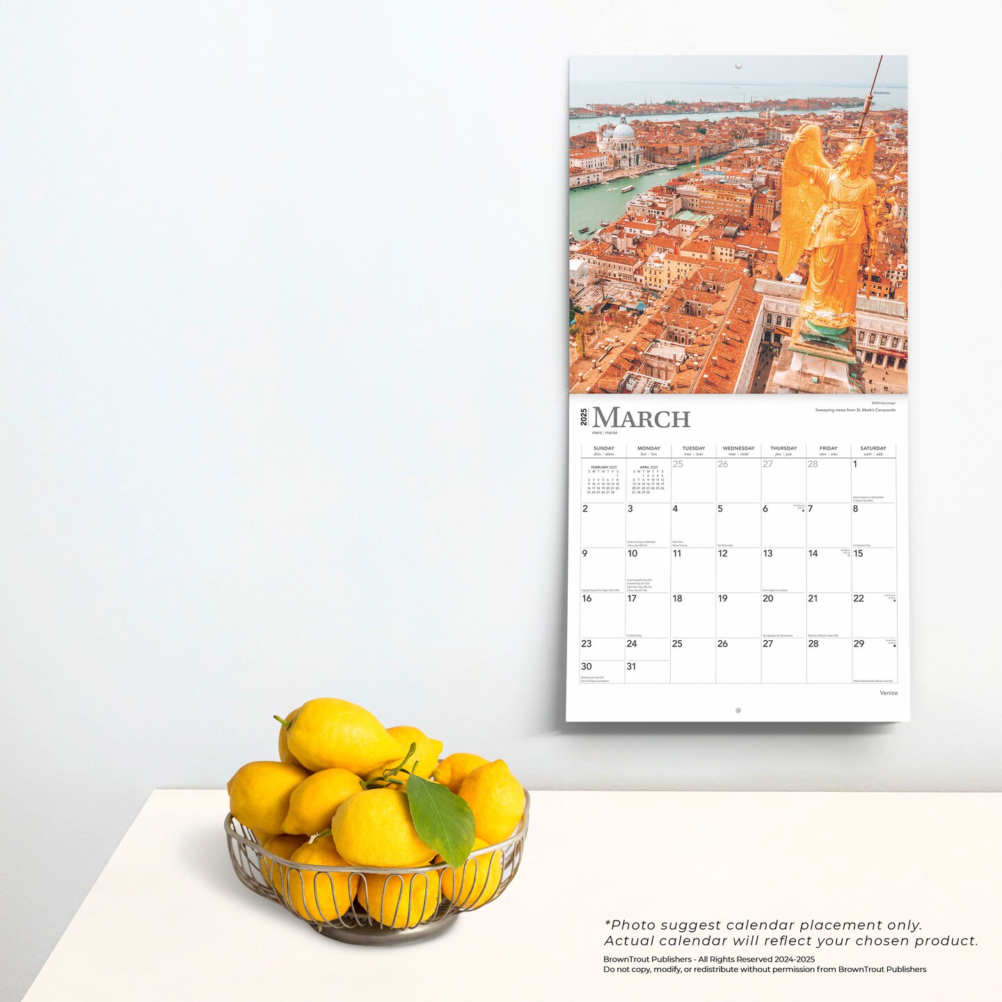Venice | 2025 12 x 24 Inch Monthly Square Wall Calendar | Plastic-Free | BrownTrout | Travel Europe Italy Gondola