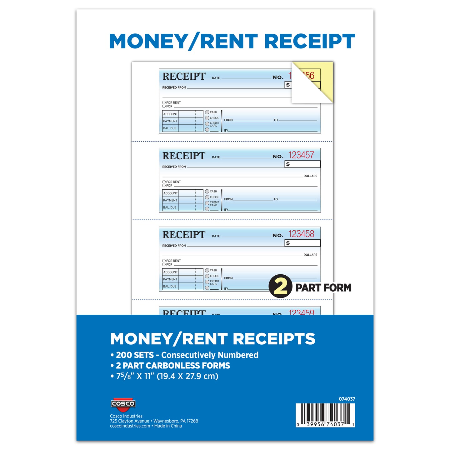 COSCO Money and Rent Receipt Book, 2-Part, Carbonless, White/Canary, Bound Wraparound Cover, 200 Sets per Book, 4 Receipts per Page