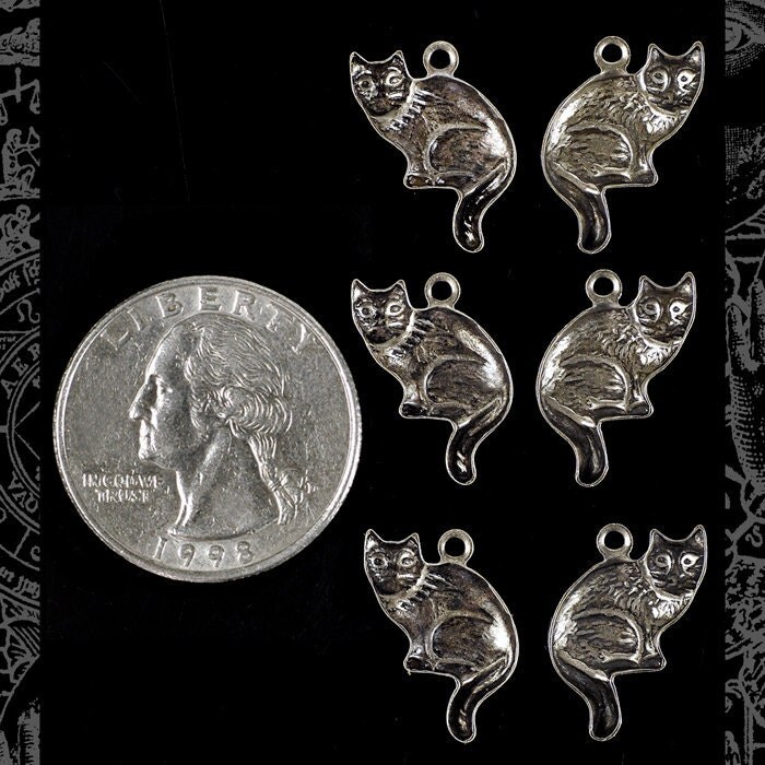 Antiqued Silver Plated Brass Sitting Cat Charms - Three Sets of Two Facing Each Other - S-C60