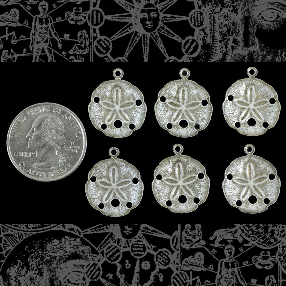 Antiqued Silver Plated Brass Small Sand Dollar Charms - Set of Six - S-C115