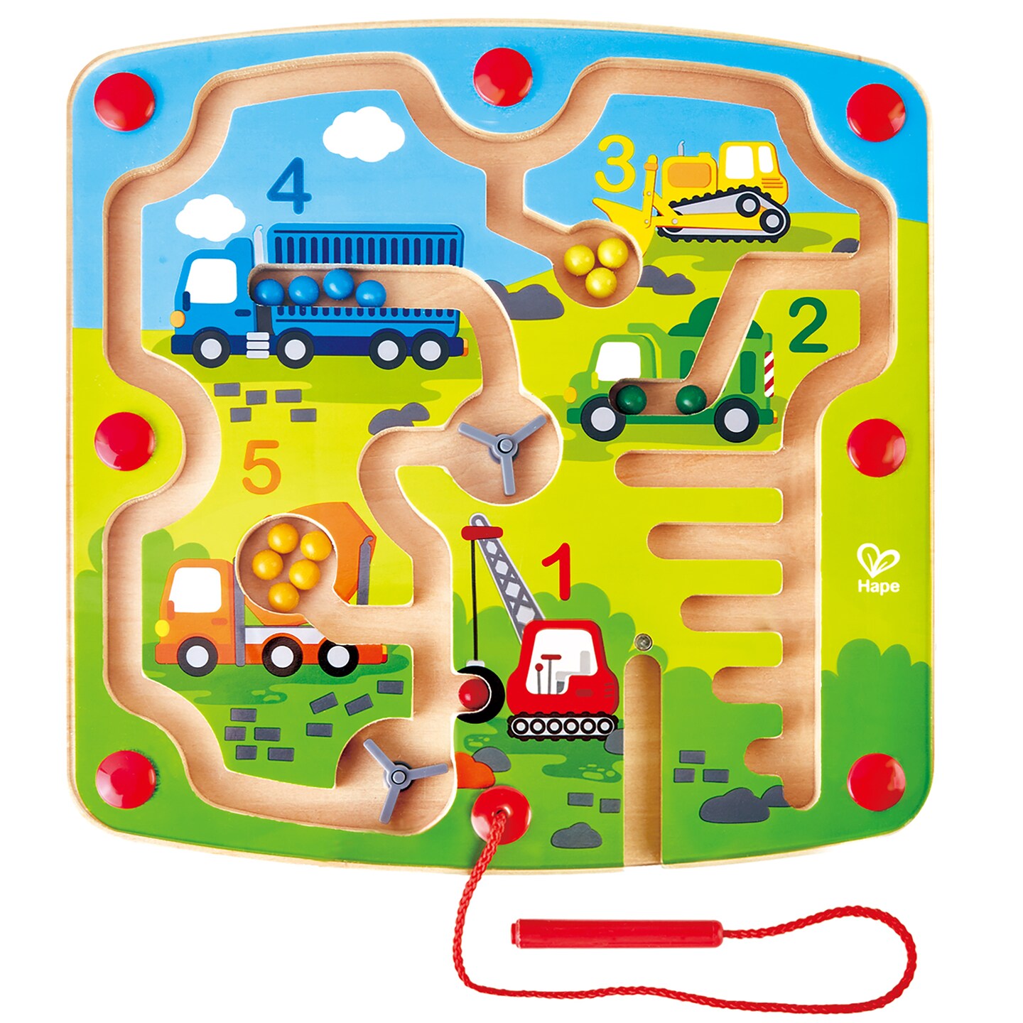Hape: Construction &#x26; Number Magnet Maze - Wooden Magnetic Wand Bead Maze Toy, Learn Numbers 1-5 Through The Construction Scene, Toddlers Kids Ages 2+