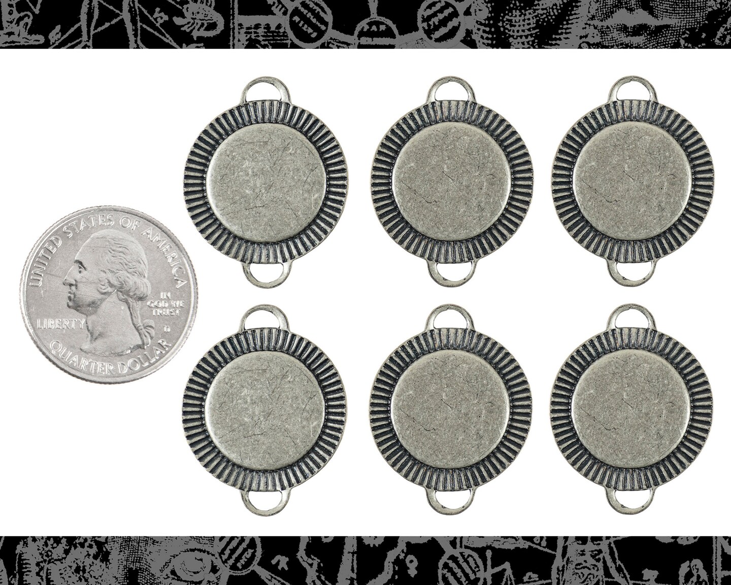 Small Round Antiqued Silver Plated Brass Frame Four Ring Charms 12mm flat for graphic insert - Set of Six - S-F01