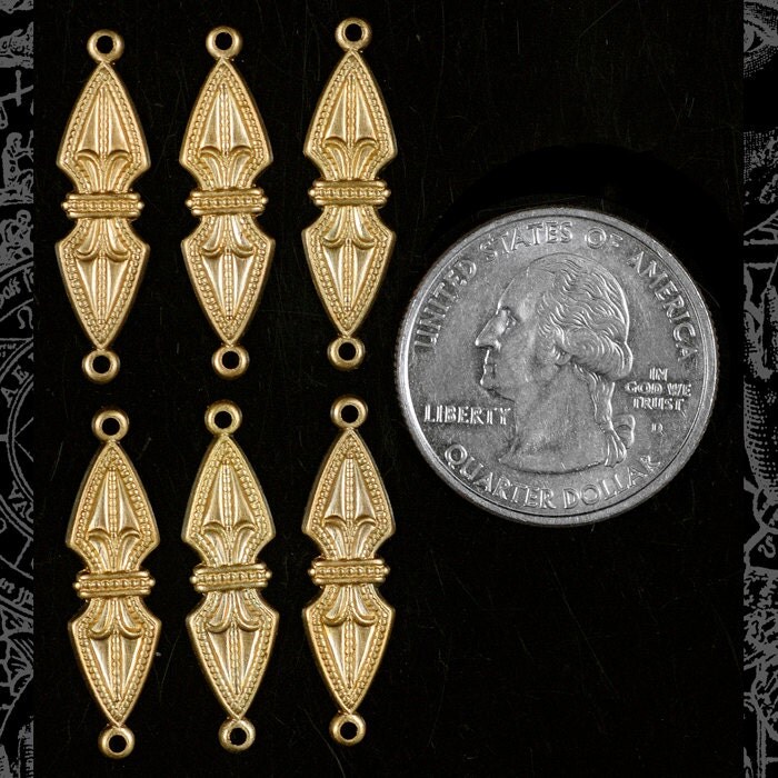 Raw Brass Spear Art Deco Filigree Two Ring Connectors - Set of Six - B-2C46