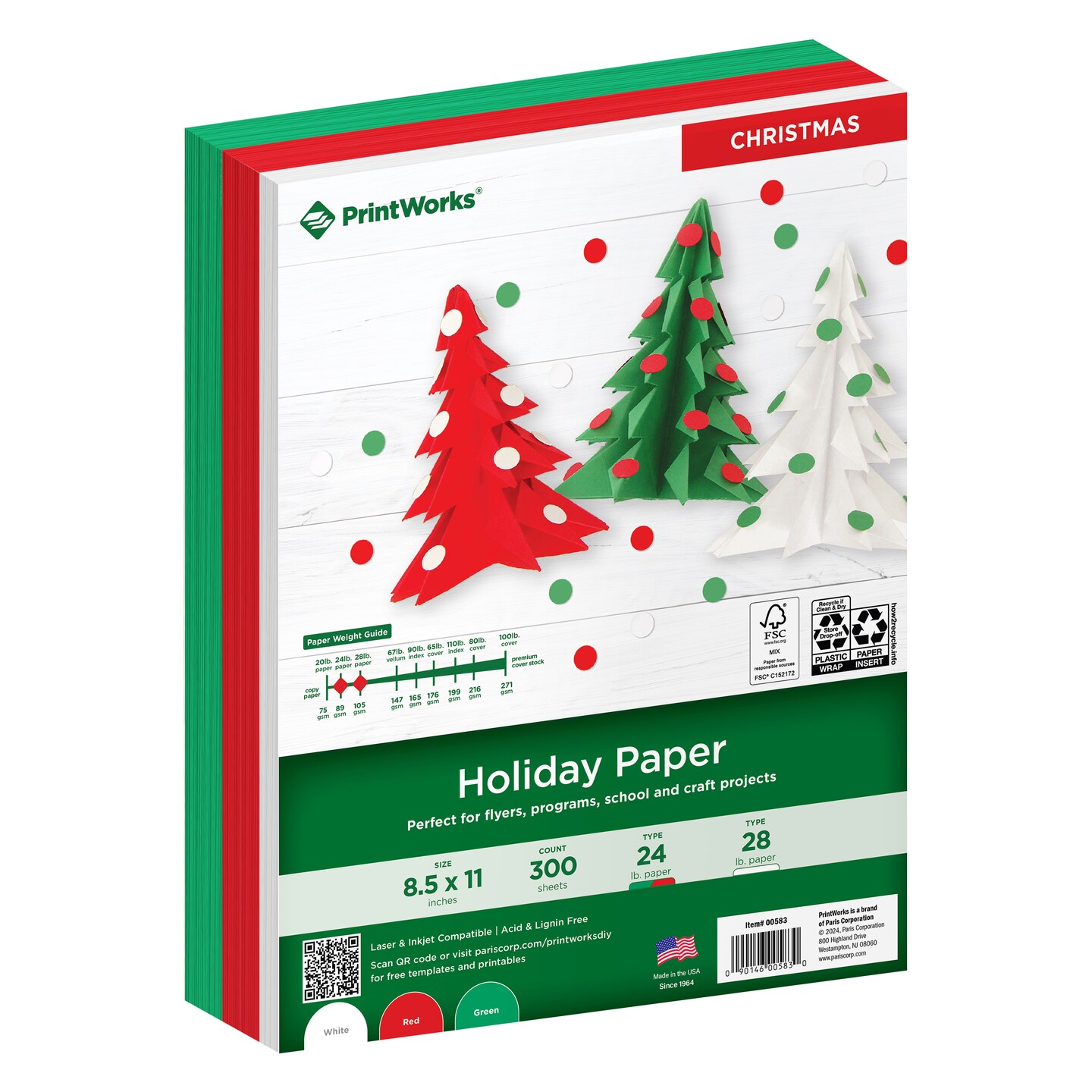 Printworks Holiday Paper, Includes White, Red and Green Paper, 8 &#xBD;&#x201D; x 11&#x201D;, 300 Sheets (00583)