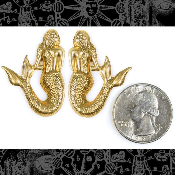 Raw Brass Shy Mermaid Pendants Pair - Set of Two - B-P42