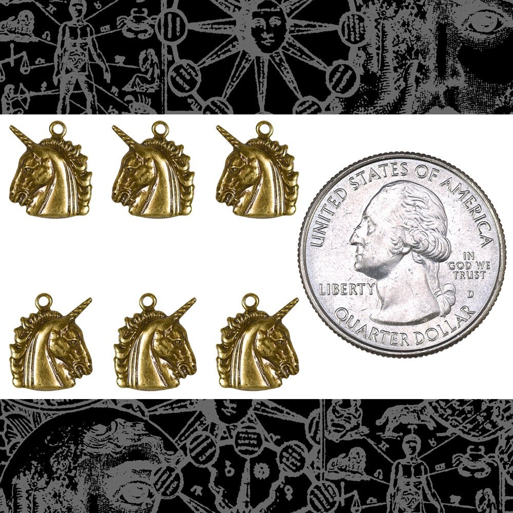 Antiqued Brass Unicorn Head Charms - Set of Six - AB-C198