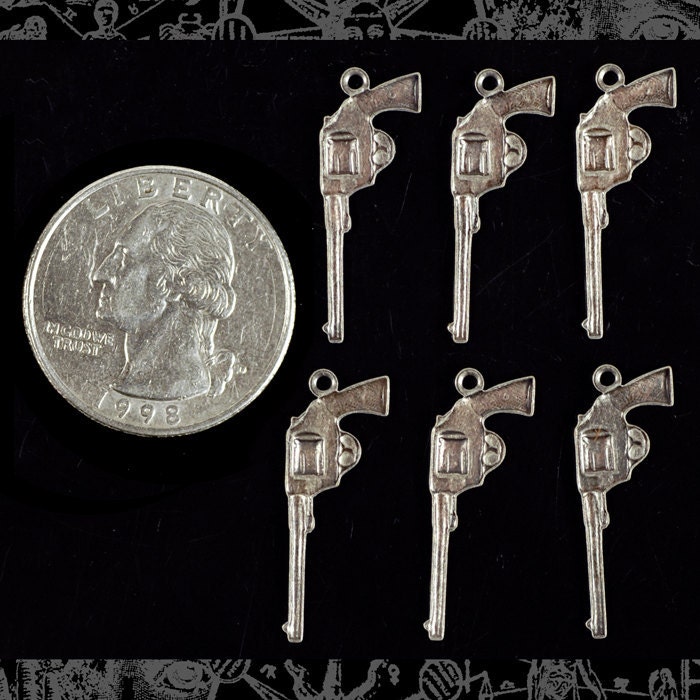 Antiqued Silver Plated Brass Western Gun Charms - Set of Six - S-C56