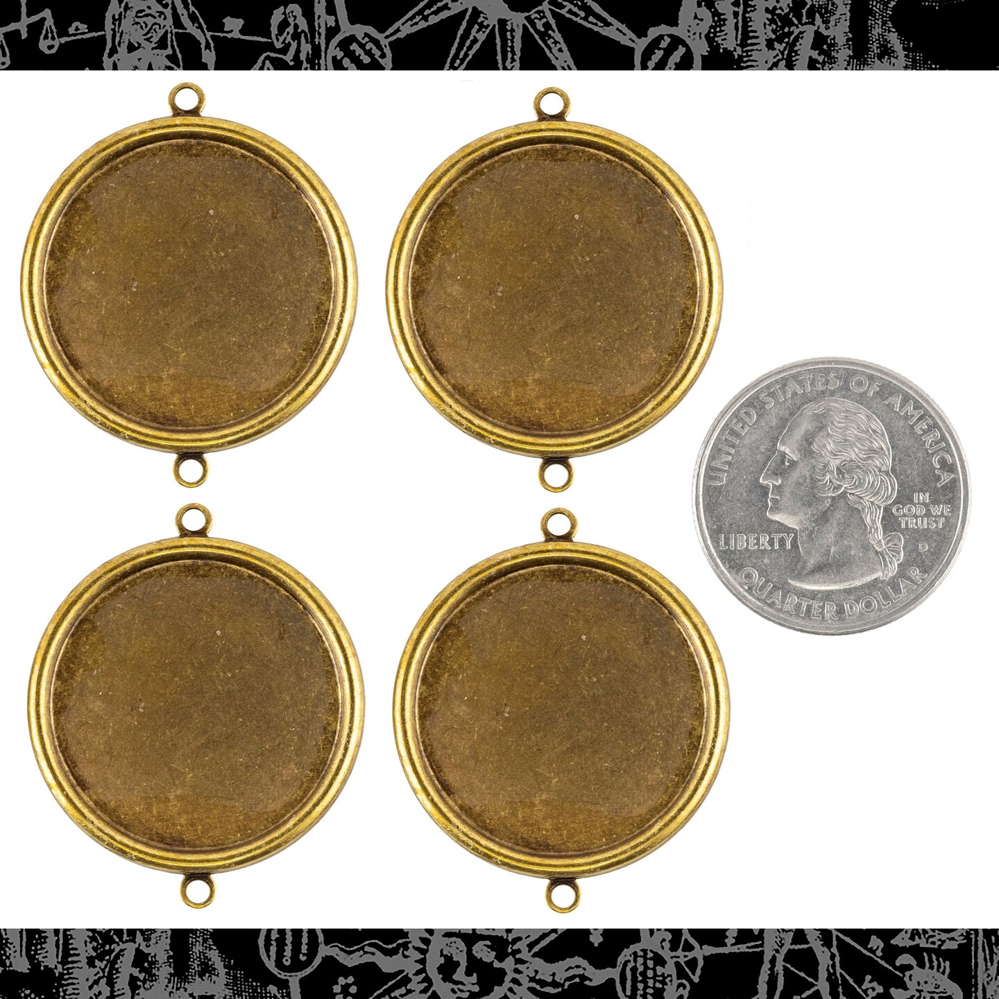 Antiqued Brass 25mm Round Frame with Two Rings - Set of Four - AB-F39