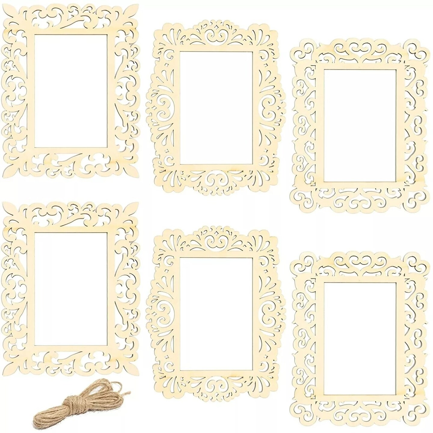 6 Pack Unfinished Wood Frames Cutout with Jute String for DIY Craft Decor 7x8.5&#x22;