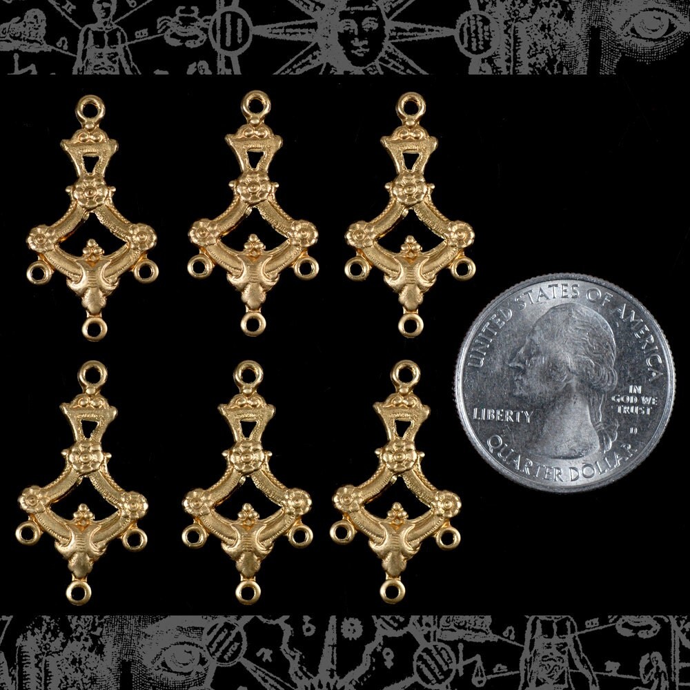 Raw Brass Ornate Floral Branch Four Way Connectors - Set of Six - B-4C08