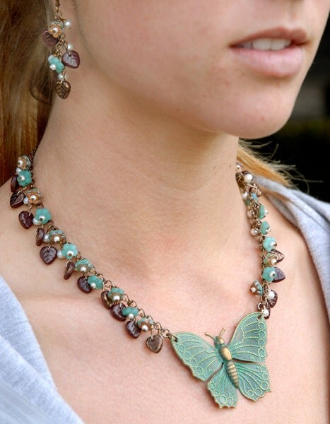 Verdigris Finished Brass Filigree Butterfly Pendants - Set of Two - V-P14