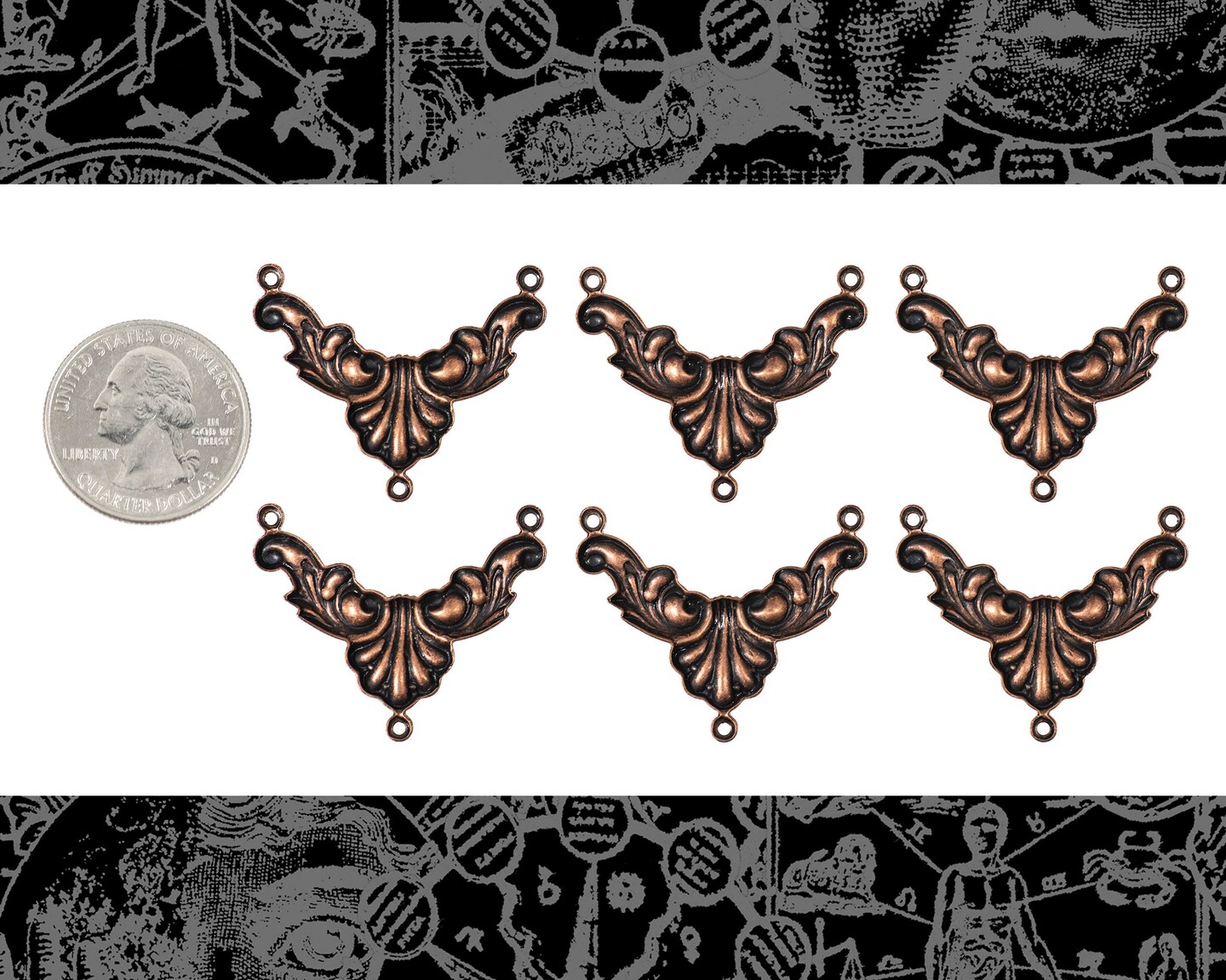 Antiqued Copper Plated Brass Ornate Three Way Connectors  - Set of Six - C-3C05