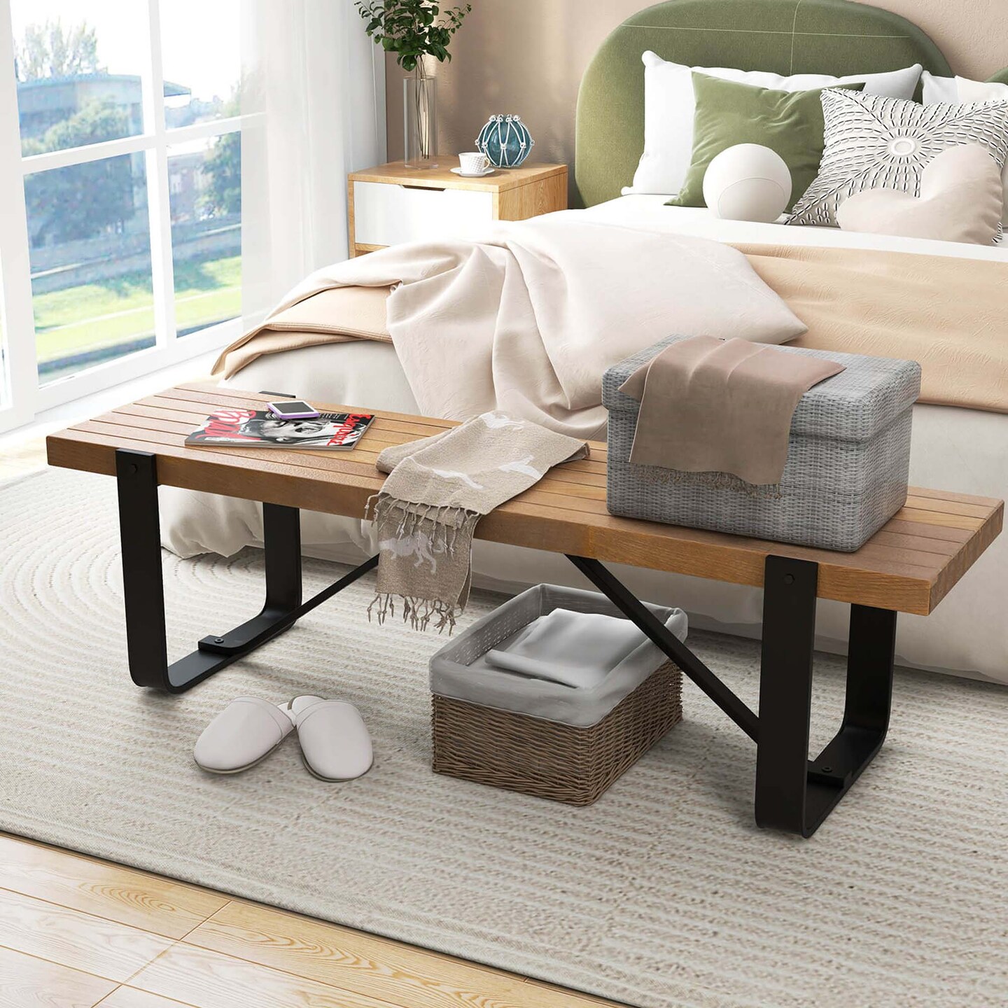 Costway 60" Long Hallway Bench Entryway Bench with Metal Frame Farmhouse Wooden Shoe Rack