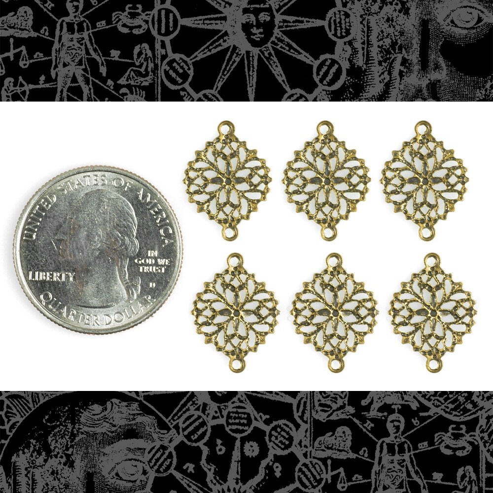 Antiqued Brass Round Filigree Two Ring Connectors - Set of Six - AB-2C25
