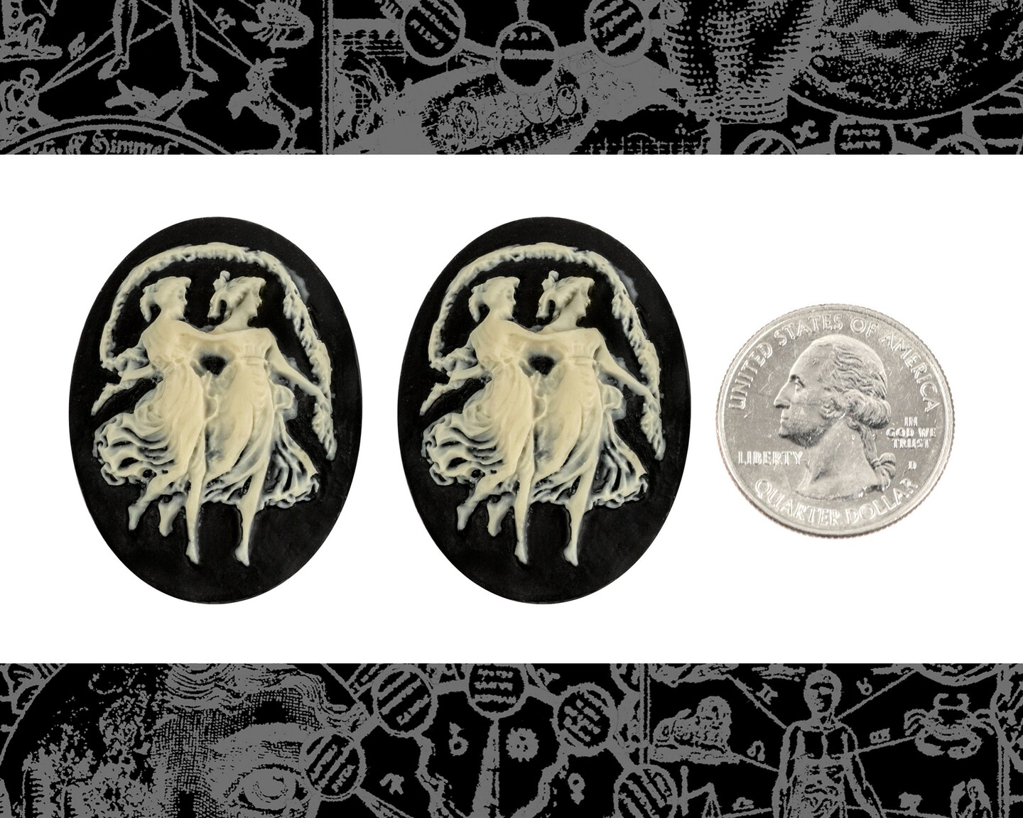 Vintage Cream and Black Vintage Cameos Two Muses Dancing 30mm x 40mm Cameos - Set of Two - XXX - CAM294