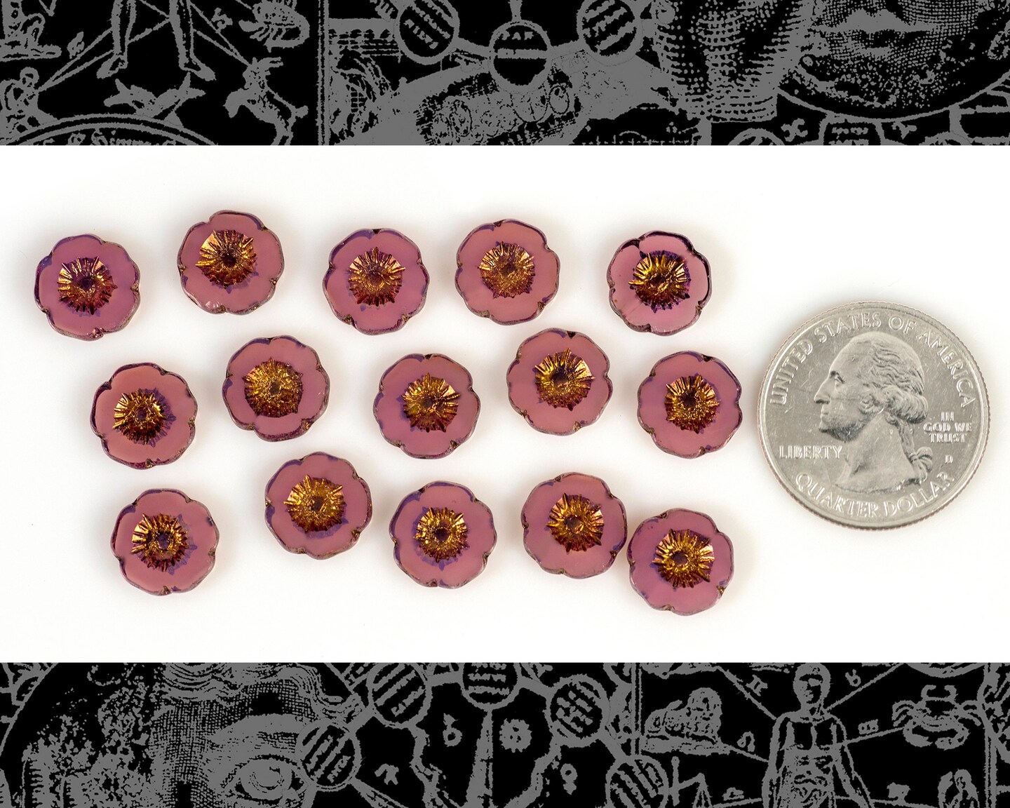 Lavender with Copper Wash 14mm Hibiscus Flower Glass Beads One Strand 15 Beads - Bead-FB17