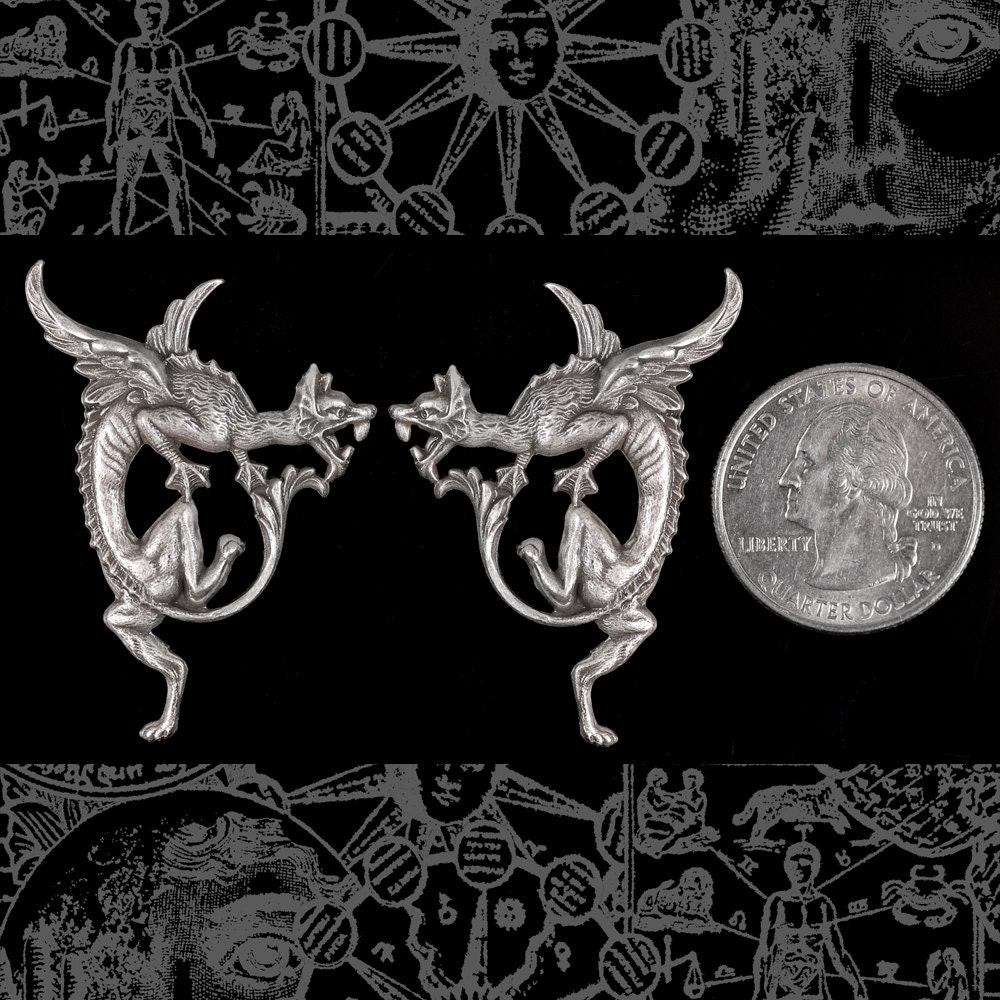 Antiqued Silver Plated Brass Flying Dragon Pendants Stampings - Set of Two - S-P77