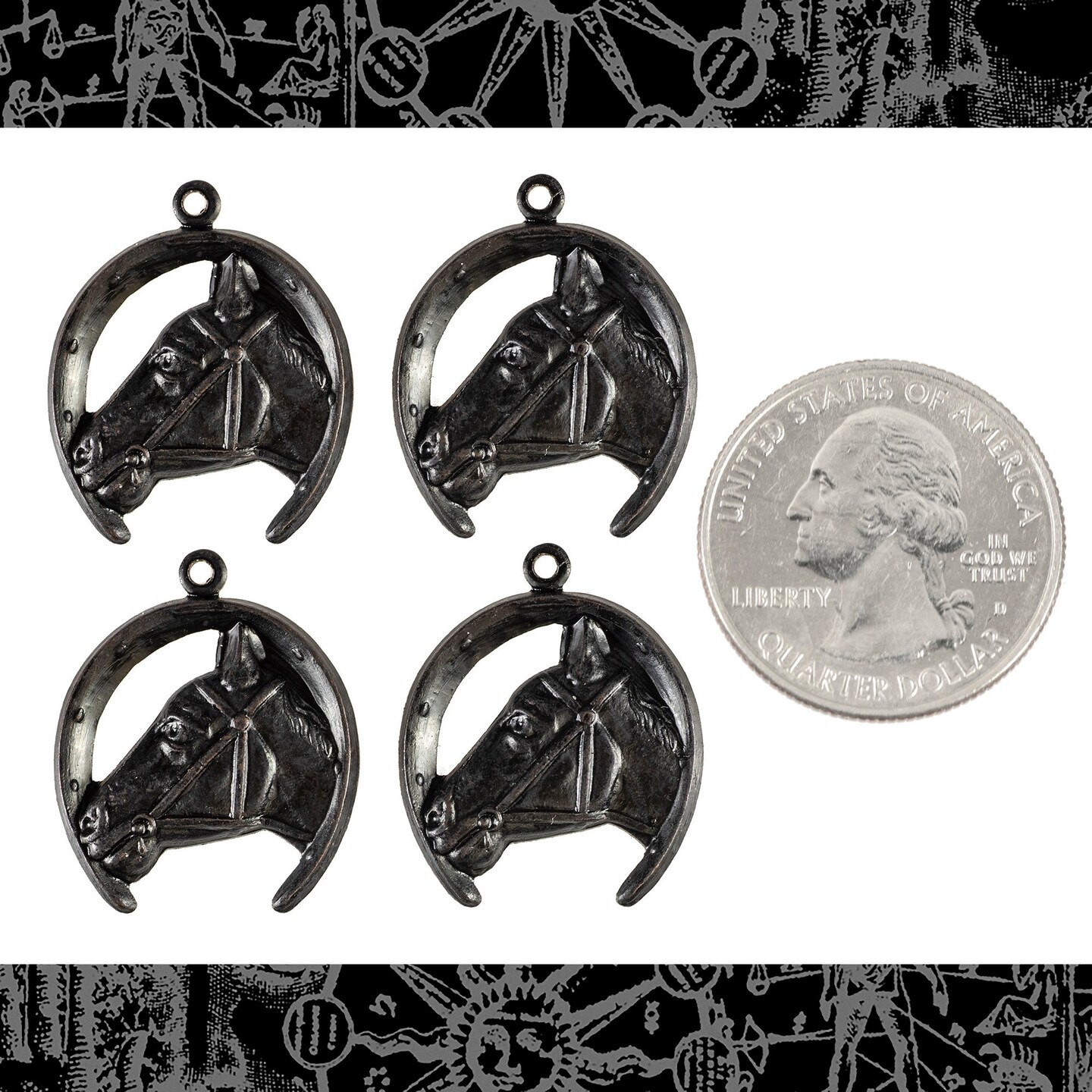 Black Plated Brass Horse Head in Horseshoe Charms - Set of Four - BB-C217