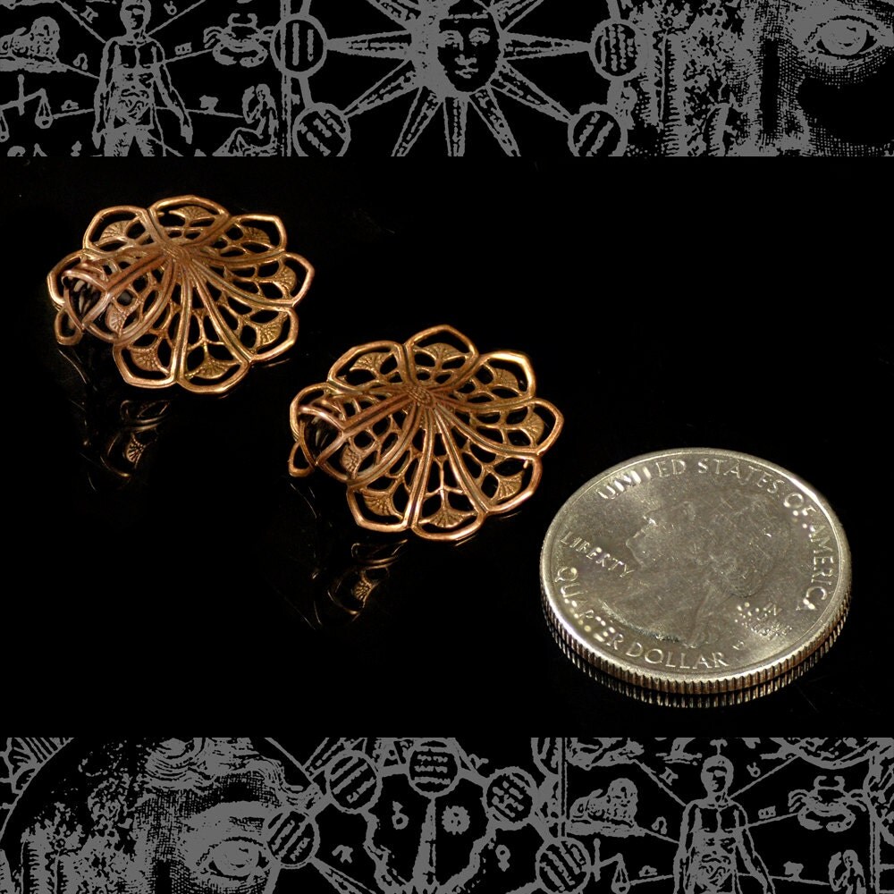 Antiqued Copper Plated Brass Deep Large Lily Filigree Wrap or Bead cap - Set of Two - C-BC33